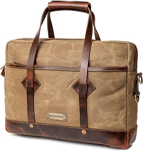 DRAKENSBERG Briefcase 'Noah' for men in waxed canvas with leather - Waterproof laptop bag 10 l - Khaki sand DR00601, Khaki Sand, One size
