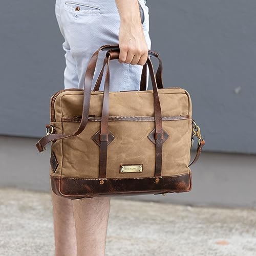 DRAKENSBERG Briefcase 'Noah' for men in waxed canvas with leather - Waterproof laptop bag 10 l - Khaki sand DR00601, Khaki Sand, One size