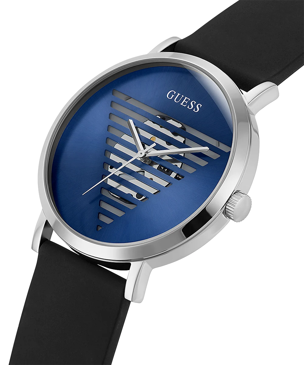 Guess SILVER TONE CASE BLACK SILICONE WATCH