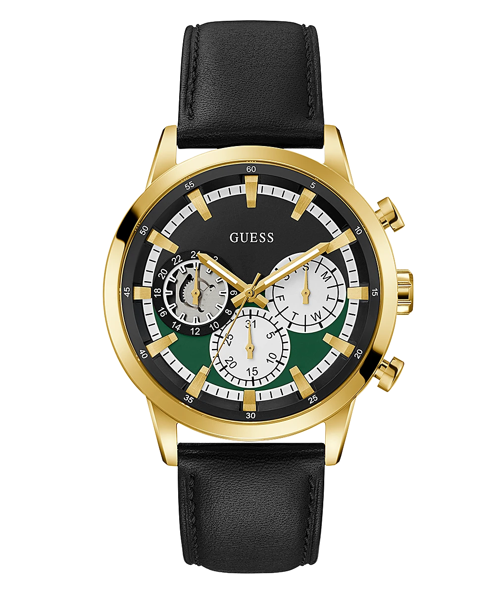 Guess GOLD TONE CASE BLACK LEnATHER WATCH