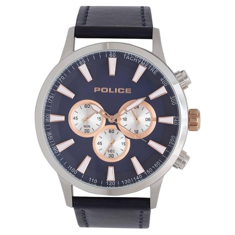 Police Quartz Multifunction Blue Dial Leather Strap Watch for Men