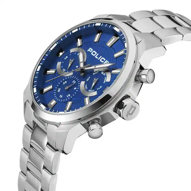 Blue Dial Silver Strap Multifunction Watch for Men