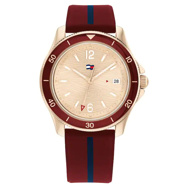 Tommy Hilfiger Golden Dial Maroon Silicone Strap Watch