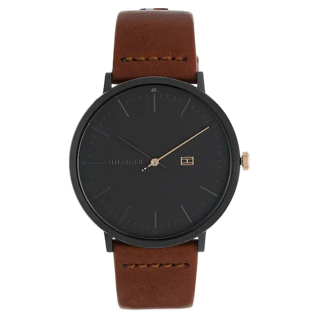 Tommy Hilfiger Black Dial Brown Leather Strap Watch